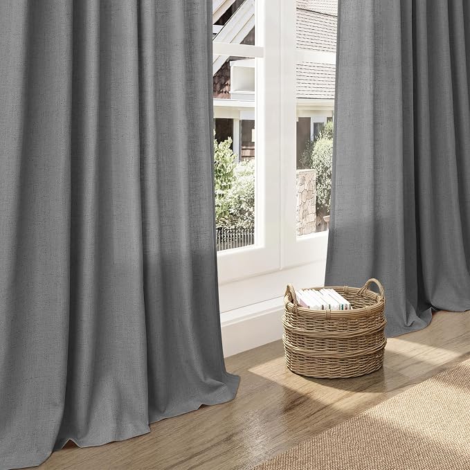 Extra Long Dark Grey Linen Curtains 120 Inches for Living Room Back Tab Light Filtering Semi Sheer Drapes Modern Farmhouse Elegant Textured Curtain for Floor to Ceiling High Window 52x120 10 Ft.