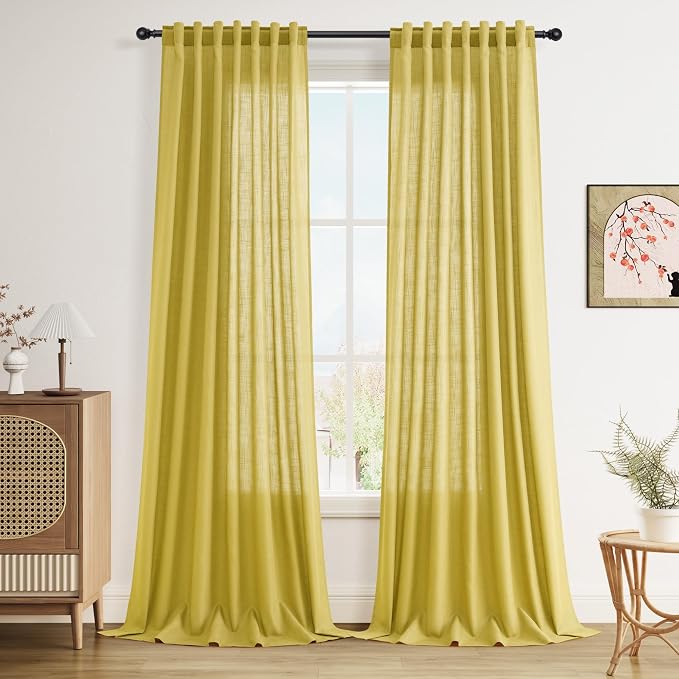 Nanspring Celery Yellow Linen Curtains 108 Inches Long 2 Panels Set Back Tab Loop Pocket Light Filtering Semi Sheer Boho Large Window Decor for High Ceiling Living Room 52x108