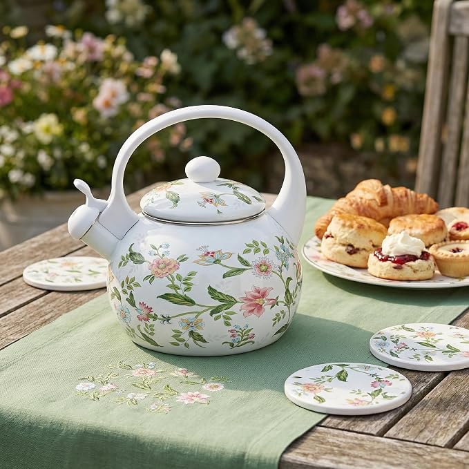 Jucoan 2.3 Quart Vintage Enamel Tea Kettle, Whistling Tea Kettle for Stove Top, Floral Enamel on Steel Teakettle Teapot for Home Kitchen Camping, Gift for Wedding Housewarming Mother's Day