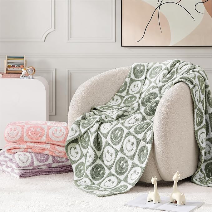 Soft Checkered Throw Blanket for Couch-Cozy Warm Knitted Blankets | Lightweight Warm Fluffy Decor for Women, Mom, Her & Girls, Sofa, Chair, Bed, 50x60in, Seagrass Smiling Face