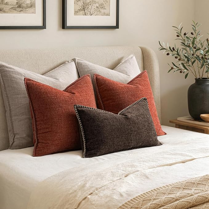 MIULEE Decorative Lumbar Throw Pillow Covers 12x20 Inch Dark Brown 2 Pack | Farmhouse Pillow Covers with Stitched Edge, Soft Chenille Cushion Cases, for Couch Sofa Bed Living Room Home Decor
