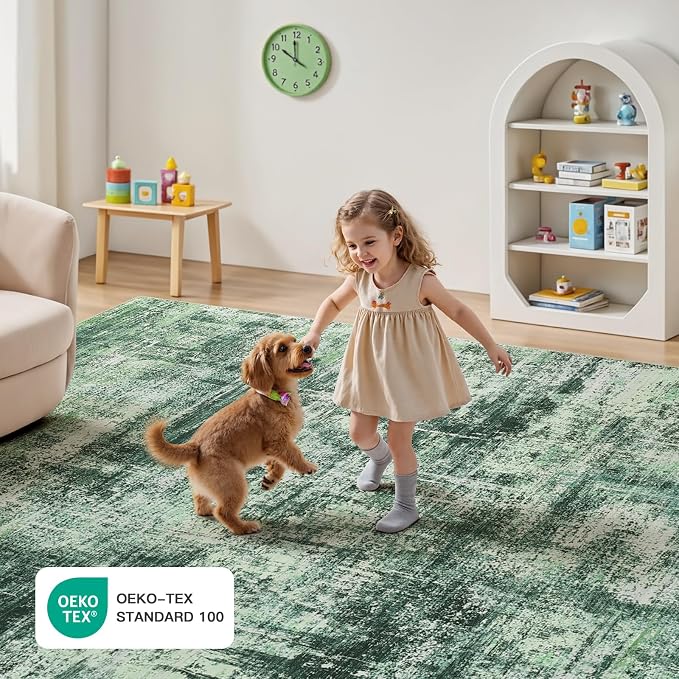 Lofus 5x7 Area Rug for Living Room, Abstract Washable Non-Slip Rugs, Green | Neutral Modern Carpet for Bedroom Dining Room Home Office Nursery, Stain Resistant Non-Shedding Foldable Indoor Rug