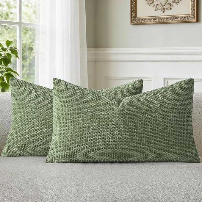 a moment Moss Green Chenille Throw Pillow Covers 12x20 Inch Pack of 2 Modern Decorative Throw Pillow Covers Farmhouse Cross Covers Home Decor for Sofa Bedroom Living Room