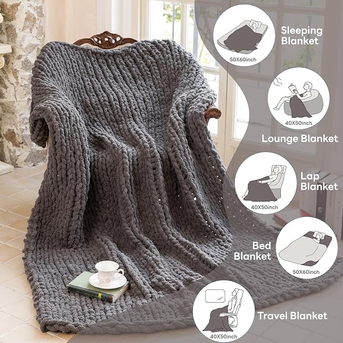 Chunky Knit Blanket - Luxury Soft Cozy 50 * 60 Throw Blanket,100% Woven Blanket Rope Knot Throw Blanket for Couch, Sofa, Home Decor, Gift - Machine Washable (Black Gray, 50 * 60)