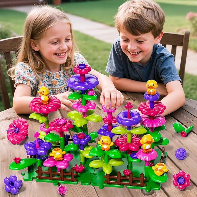 Flower Garden Building Toys for Toddler 3 4 5 6 7 Years Old, DIY Stacking Toys with Storage Box, Kids STEM Preschool Educational Toy, Christmas Birthday Gift for Girls Ages 3-5
