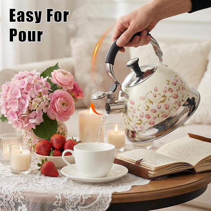 Stainless Steel Whistling Tea Kettle Stovetop - 3.1QT Tea Pot for Stove Top, Vintage Floral Print, Foldable Handle, 304 Stainless Steel Interior Teatop for Tea, Coffee, Party & Gift