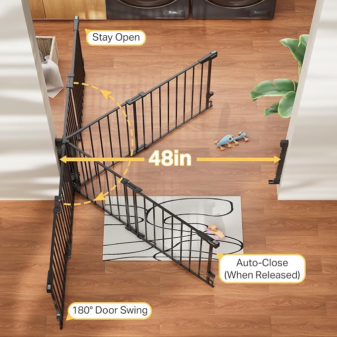 Cumbor Expandable 31.6-48" Baby Gate for Stairs, Hardware Mounted, 2-in-1 No Bottom Bar Dog Gate Indoor, Pet Gate for Doorways with Large Walk Thru Door, Child-Proof Safety Gate for Kids (Black)