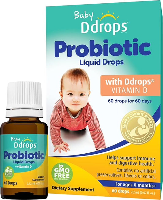 Ddrops Baby Probiotic with Vitamin D, 60 Drops - Colic Symptom Relief for Newborns and Infants - Easy-to-Use, Just One Drop Daily, No Sugar, Non-GMO, Allergy-friendy