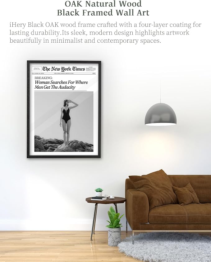 iHery 16x20in Where Men Get the Audacity Framed Newspaper Wall Art | Black Natural OAK Wood Frame with Canvas Print, Funny Magazine Decor for Bathroom Bedroom Girl Dorm Living Room, 1Pack