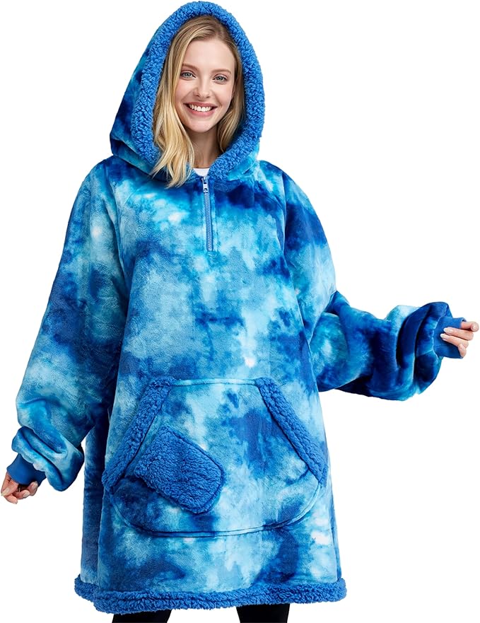 Giggling Getup Wearable Blanket Hoodie for Adults Gifts for Teen Girls Sister Women Sherpa Fleece Printed Hooded Blanket Sweatshirt Warm Cozy with Pocket & Sleeves Dark Blue Tie Dye