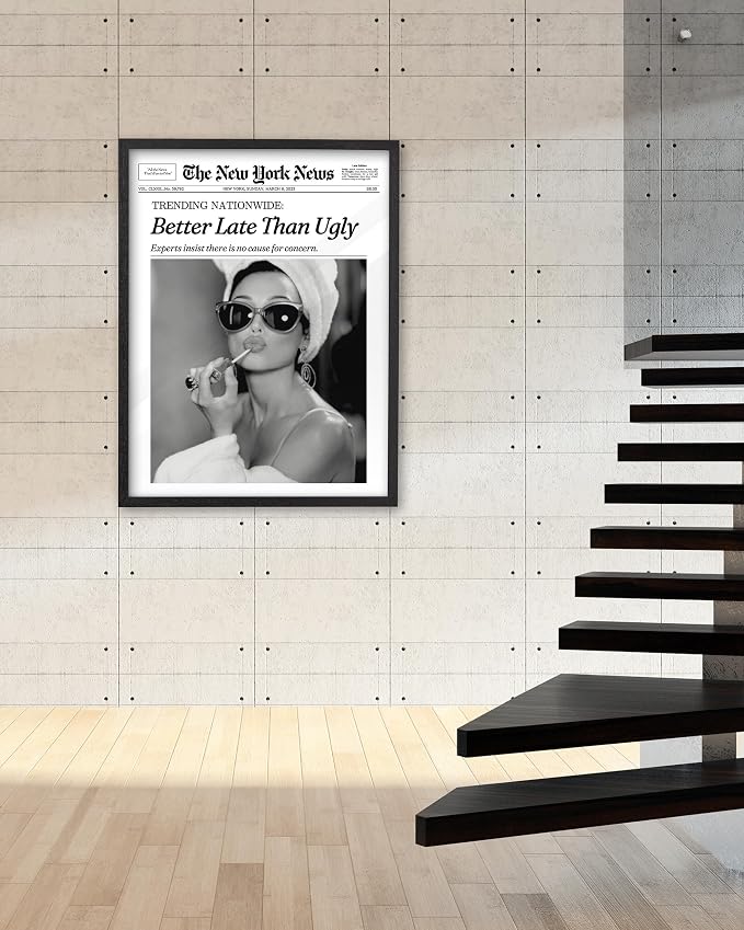 iHery 18x24in Audrey Hepburn Better Late Than Ugly Framed Bathroom Art | Premium Black Natural OAK Wood Frame with Canvas Print, Vintage Fashion Wall Decor for Bedroom, Apartment Girl Dorm, 1Pack