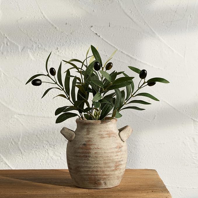 Vanselia Ceramic Flower Vase Home Decor - Farmhouse Table Vases with Handle Living Room Decoration Vintage Decorative Aesthetic for Shelf Coffee Dining Desk House Bookshelf Fireplace (6" Rustic)