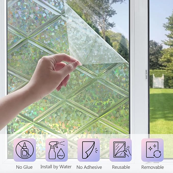 KESPEN Stained Glass Window Film Decorative Rainbow Privacy Window Film Anti UV Static Cling Glass Stickers for Home, 29.5 Inch X 6.5 Feet