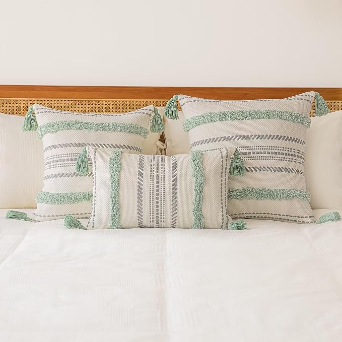 BUIOVBEY Boho Throw Pillow Covers Woven Tufted Pillow Cases with Tassels | Farmhouse Pillow Covers 18x18 Set of 2 Textured Striped Cushion Case Neutral Decorative Pillowcase for Sofa Couch Light Green