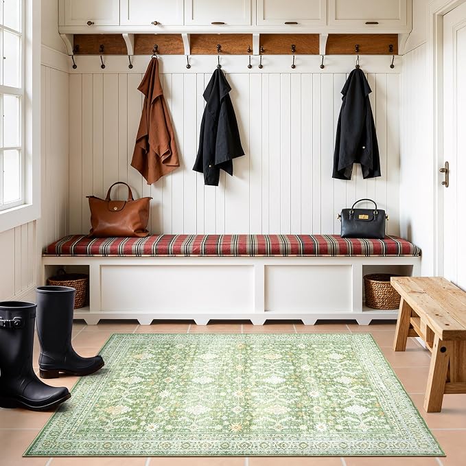3x5 Area Rugs for Entryway, Non-Slip Washable Rug for Kitchen, Light Green | Low Pile Soft Small Rugs, Vintage-Style Carpet for Bathroom Bedroom Tool Room, Stain Resistant, Low Pile, Distressed Rug