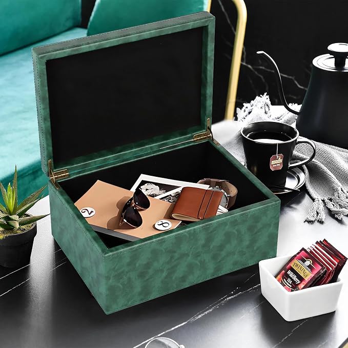 HofferRuffer Faux Leather Decorative Box, Large Wooden Structure Keepsake Box Accessory Organizer Jewelry Organizer with Hinged Lid, Storage Container for Home or Office (Dark Green)