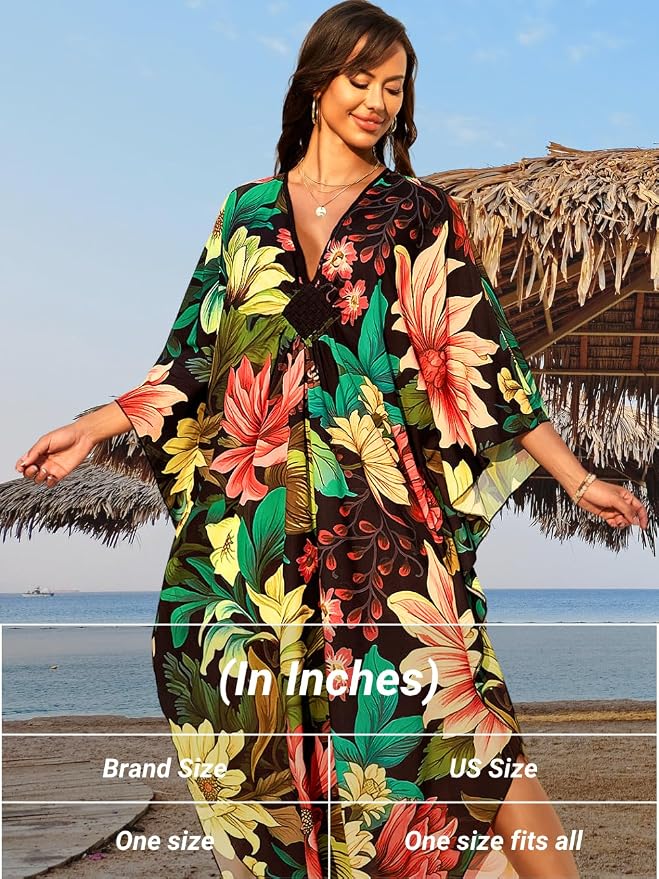 ChiaoLezhee Print Moo-Moos for Women, Kaftan Cover-Up Dresses, Sexy V-Neck High-Slit, Beach Pool-Party Coverups Muumuu Plus