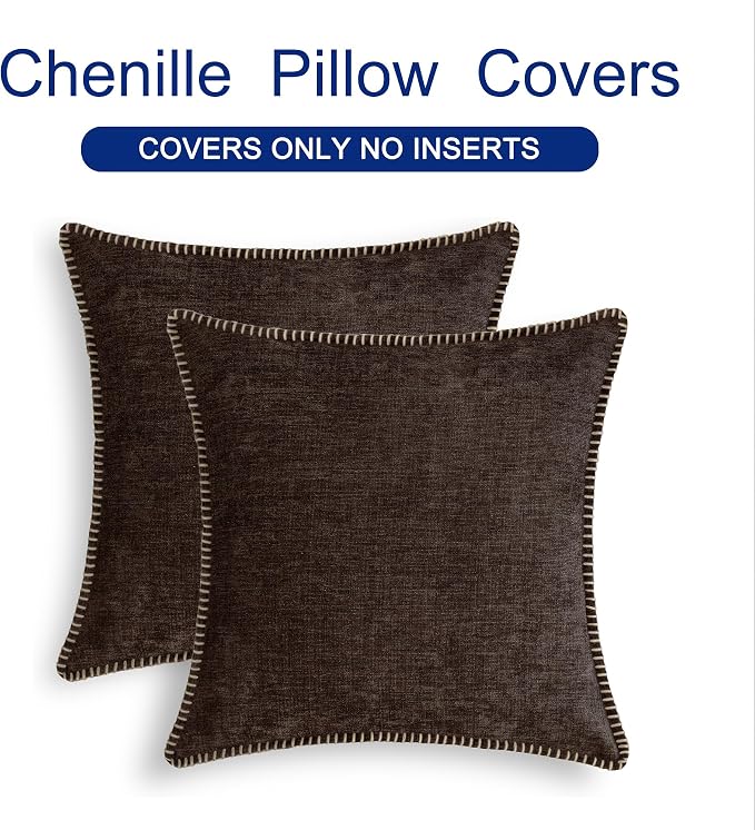 CaliTime Decorative Couch Throw Pillow Covers 16 X 16 Inches Coffee | Pack of 2, Cozy Chenille Cushion Cases, Cotton Thread Stitching Edges, for Sofa Bed Living Room Farmhouse