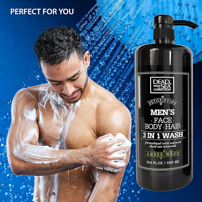 Dead Sea Collection Amber Wood Men’s Body Wash – 3 in 1 Body Wash for Men for Hair, Face & Body – Moisturizing Shower Gel with Dead Sea Minerals – Pack of 2 (33.8 fl oz each)
