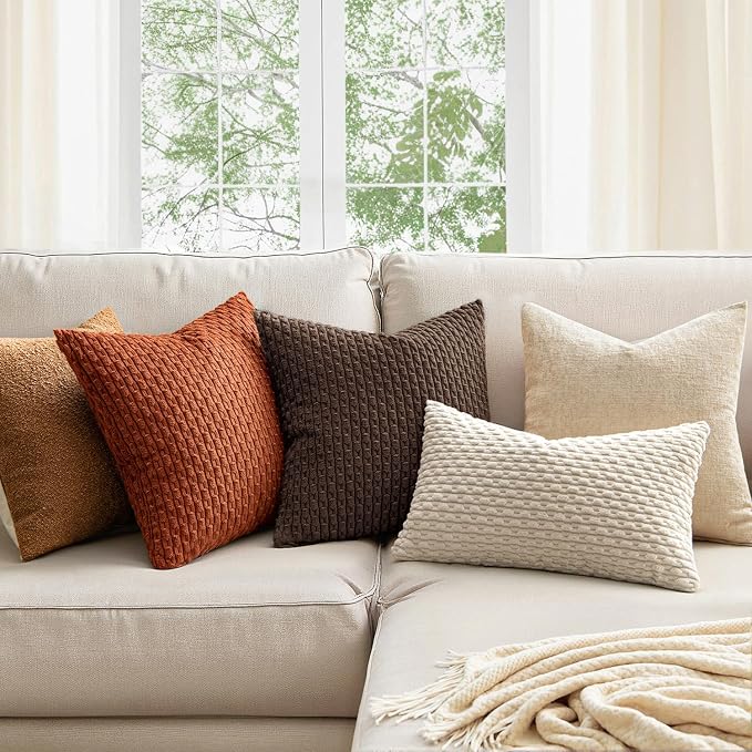 MIULEE Decorative Throw Pillow Covers 18x18 Dark Brown Textured Corduroy | Pack of 2 Striped Pillow Covers Modern Farmhouse Fall Home Decor for Couch Bed Sofa Living Room