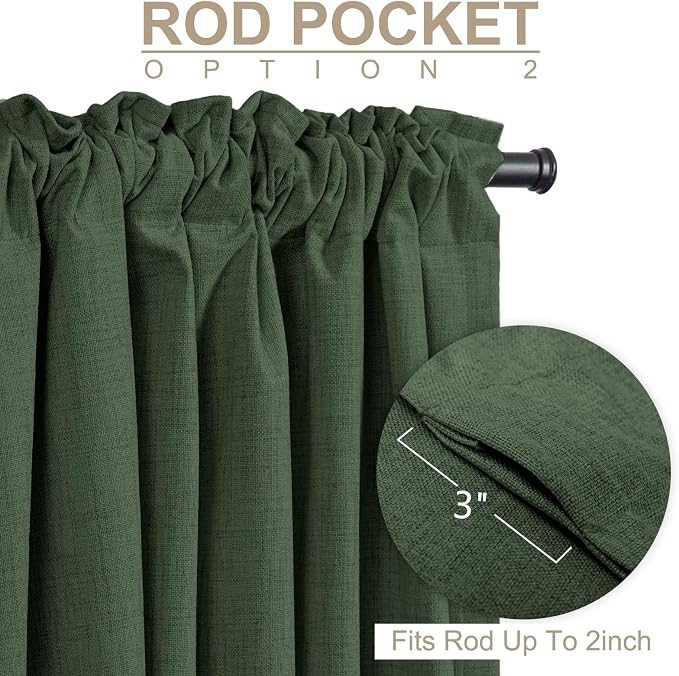 100% Blackout Shield Green Linen Blackout Curtains for Bedroom 90 Inches Long, Back Tab/Rod Pocket Living Room Drapes, Thermal Insulated Blackout Curtains 2 Panels Set, 50" W x 90" L,Loden