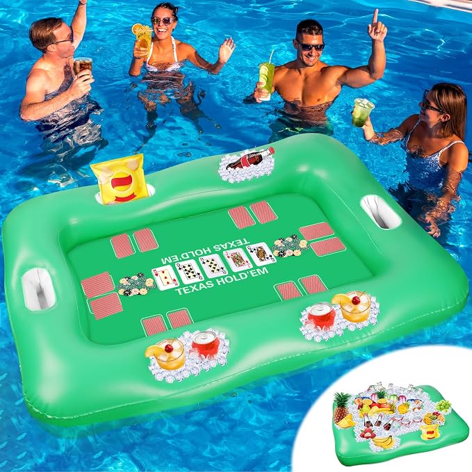 Large Floating Table for Pool Game with Waterproof Playing Cards, 53.5 x 38 in Floating Card Table for Pool with Food Drink Holders, Inflatable Floating Pool Game Table for Adults Family Party