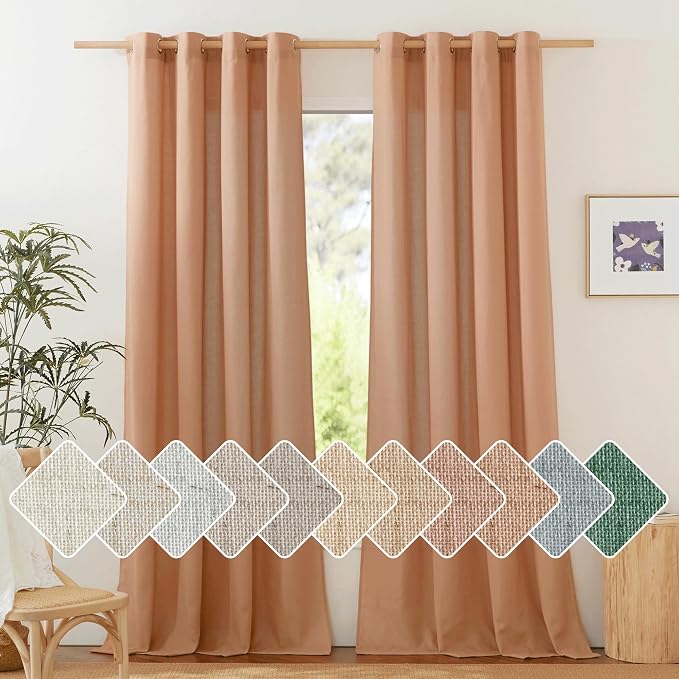NICETOWN Flax Linen Curtains 108 inches Long for Large Windows, Ring Top Privacy with Light Filtering Linen Blend Drapes for Bedroom/Living Room, Burnt Orange, W55 x L108, Set of 2