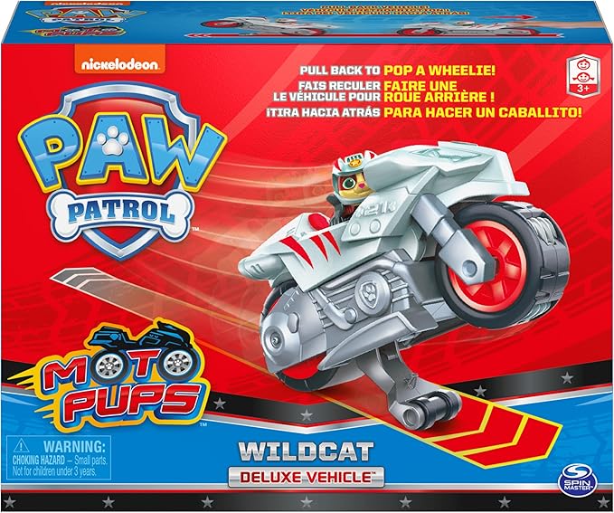 PAW Patrol, Moto Pups Wildcat’s Deluxe Pull Back Motorcycle Vehicle with Wheelie Feature and Toy Figure