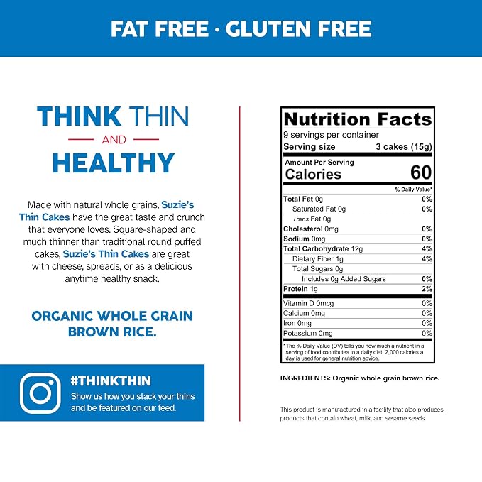 Suzie's Organic Brown Rice Cake Thins, Unsalted, Gluten Free, 6 Pack (18 Calories per Slice)
