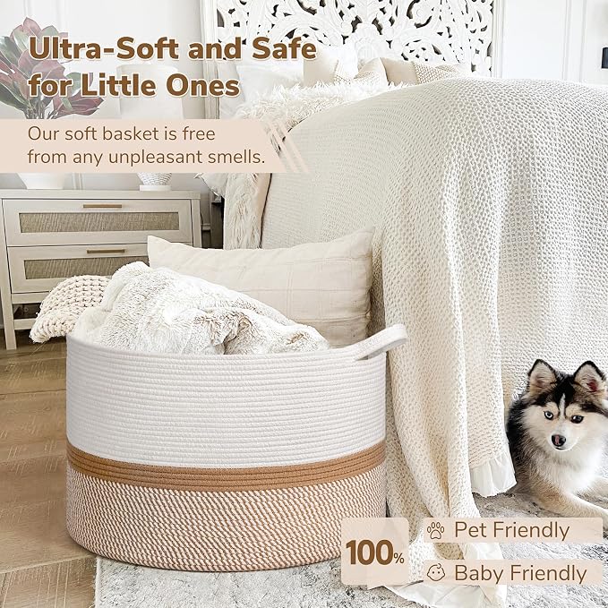 INDRESSME XXXLarge Woven Rope Blanket Basket Living Room White Camel, 90L | 21.7" x 13.8" Storage baskets for toys laundry & pillows. Fits living room, bedroom or nursery décor. Soft-touch with handles