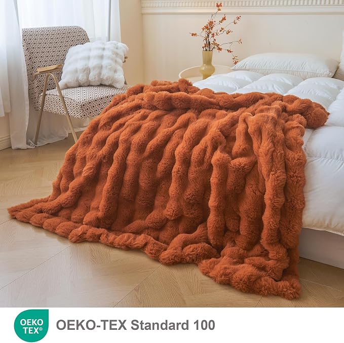 LIFEREVO Luxury Fluffy Faux Rabbit Fur Throw Blanket 60x80, Burnt Orange | Plush Fuzzy Bubble Lap Throw for Couch Sofa Office, Soft Cozy Furry Bed Blanket Home Decoration, Washable & Skin-friendly