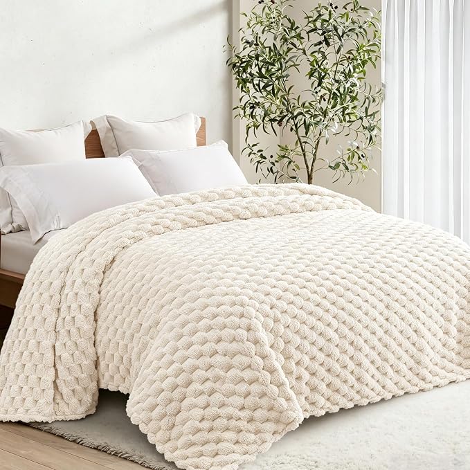Whale Flotilla Soft Fleece King Size Bed Blanket Luxury 3D Jacquard, Ivory | Lightweight Breathable Coverlet Bedspread for All Seasons, Super Cozy Plush Fluffy Fuzzy Decorative Blanket for Bed, 90"x104"