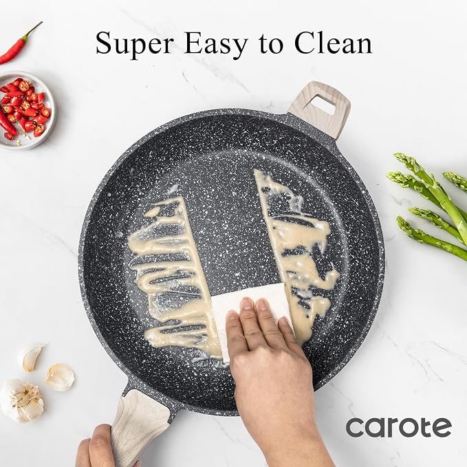 CAROTE 12.5 inch Nonstick Frying Pan, Black Granite Skillet | Kitchen Healthy Non Toxic Stone Cookware, Induction Compatible, Dishwasher & Oven Safe, PFOA Free