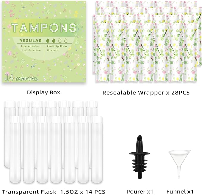 14 Pack Tampon Flasks for Liquor (21oz Total), Hidden Flask for Women, Hidden Alcohol Container，Plastic Flasks for Nightclubs, Cruises and Sports Events, Includes Spout & Funnel