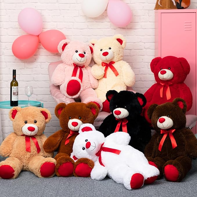 Big Teddy Bear Stuffed Animal Giant Teddy Bear Plush with Red Ribbon Bow Plush Toy Gift for Girlfriend Birde 36 inch Tan