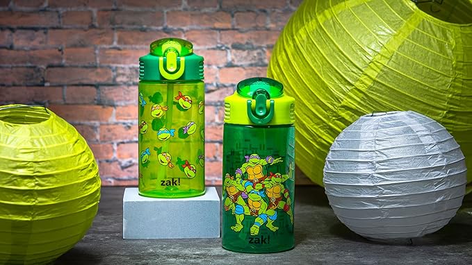 Zak Designs Teenage Mutant Ninja Turtles Kids Water Bottle For School or Travel, 16oz 2-Pack Durable Plastic Water Bottle With Straw, Handle, and Leak-Proof, Pop-Up Spout Cover (TMNT)