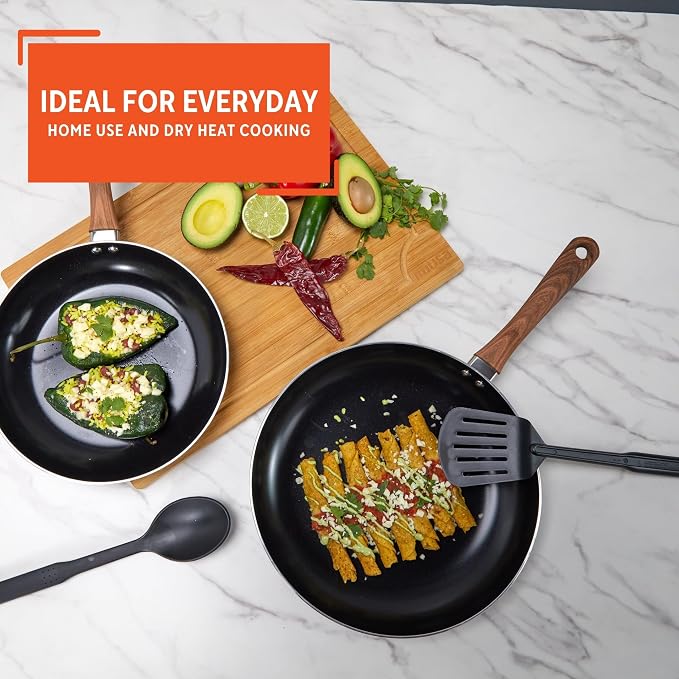IMUSA 4 Piece 8 & 10 Inch Talavera Aluminum Black Ceramic Fry Pan Set | Nonstick Ceramic Surface, Soft-Touch Handles, Includes 8 Inch and 10 Inch Fry Pans, Great for Daily Use