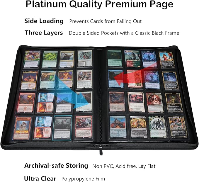 Premium 1000+ Pockets Card Binder, 16-Pocket Ringless Trading Card Album Folder - Side Loading UltraSonic-161024 Tech Zip Binder for TCG -Black