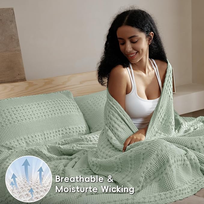 PHF 100% Cotton Waffle Weave Throw Blanket, Lightweight Breathable Summer Blanket for Couch Sofa, Pre-Washed Soft Throws for Bed, Office, Travel & Stylish Home Decor, 50"x60", Mint Green