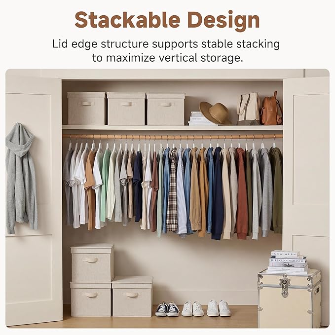 StorageWorks Fabric Storage Bins with Lids, Closet Storage Bins | Lidded Dust-proof, Easy Pull Handles, Foldable, Stackable, Ideal for Clothes Blanket Towel, Jumbo, Rustic Linen, 3-Pack
