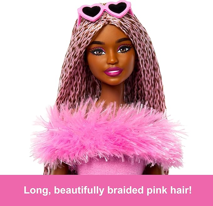 Barbie Deluxe Style Doll #4 in Barbiecore Outfit, Pink and Brown Braids, Soft Pink Top and Pant Set with Furry Collar and Fun Accessories