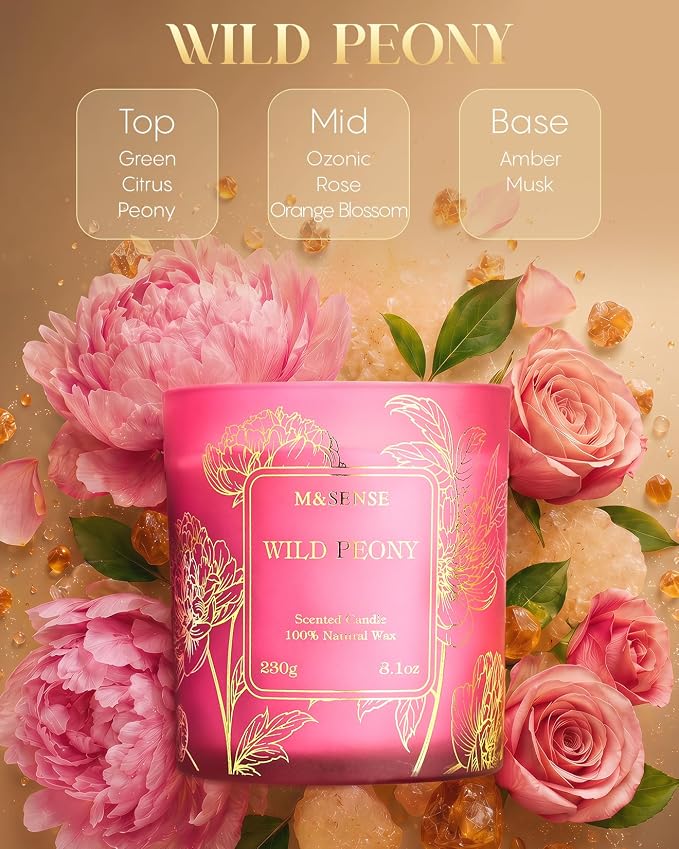 M&SENSE Wild Peony Soy Candle, 8.1oz Gilded Glass, Romantic Spa Night | 42H Long Burn, Sensitive-Safe, No Toxin, Romantic Home Fragrance, Women's Gift