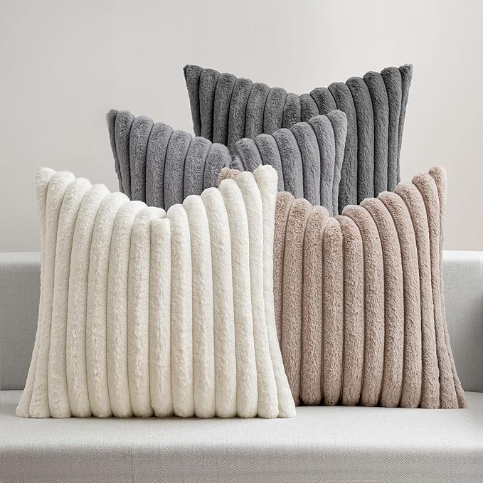MIULEE Faux Fur Plush Decorative Throw Pillow Covers 20x20, Grey Taupe | Set of 4, Striped, Soft Boho Farmhouse Vintage, Rustic Cozy Home Decor, Cushion Cases for Sofa Couch Bed Living Room