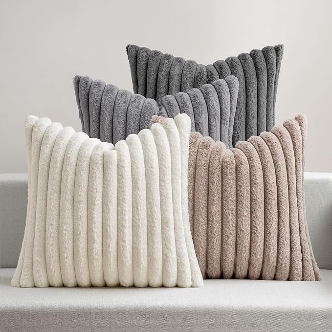 MIULEE Faux Fur Plush Decorative Throw Pillow Covers 18x18, Grey Taupe | Set of 4, Striped, Soft Boho Farmhouse, Rustic Home Decor, Cushion Cases for Sofa Couch Bed Living Room