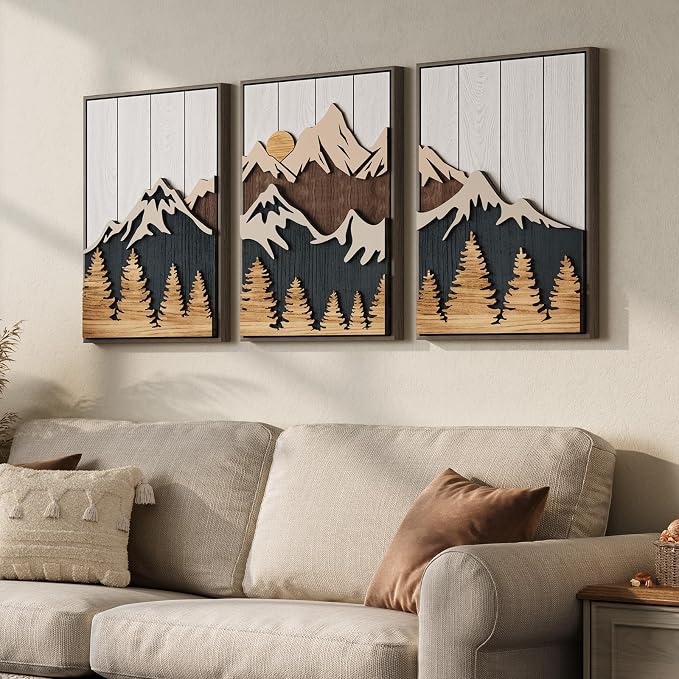 Framed 3D Wood Mountain Textured Wall Art for Living Room, 3 Piece Farmhouse Modern Wood Artwork for Walls, Landscape Mountain Forest Sun Wall Art Decor for Home Office Bedroom Hallway, 16x24 Inch
