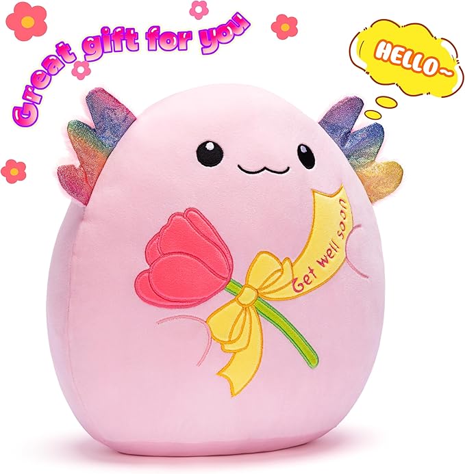 Get Well Soon Axolotl Large Plush Pillow Stuffed Animal Toy Patient Feel Better,12.5" Big Size Cute Soft Plushie,Gift for Kids Girls
