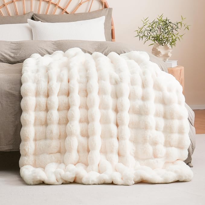 BENVWE Faux Fur Throw Blanket for Couch - Cozy Plush Fluffy Soft Thick Bubble Blanket for Living Room Home Decor - Mothers Day Birthday Gifts for Women, Cream White, 51" x 63"