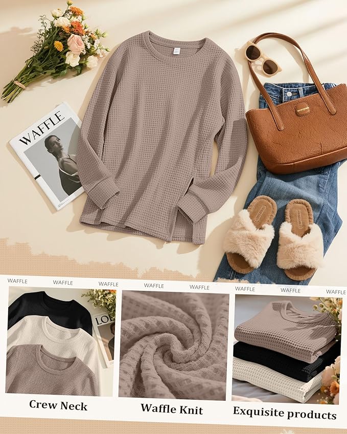 3 Pack Women's Maternity Shirts Long Sleeve Waffle Knit Side Split Oversized Tops Pregnancy Clothes Fall Tees