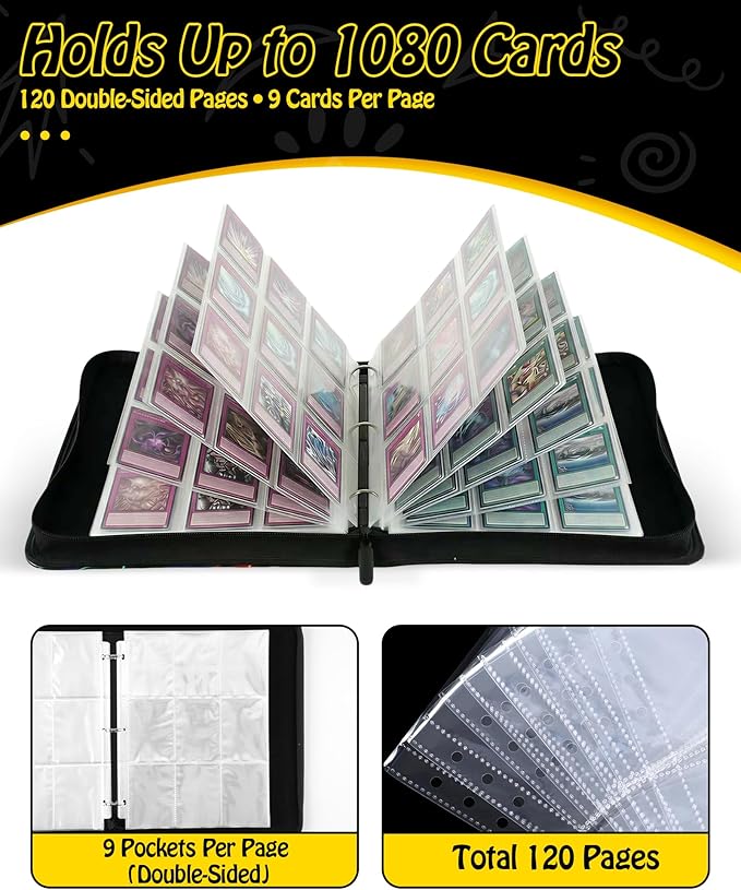 Trading Card Binder, 9-Pocket, Holds 1080 Cards, 120 Pages Side-Loading Card Album, PU Leather, Acid-Free Archival Sleeves, Durable Organizer for MTG, TCG & Sports Cards, Gift for Kids, Boys and Girls