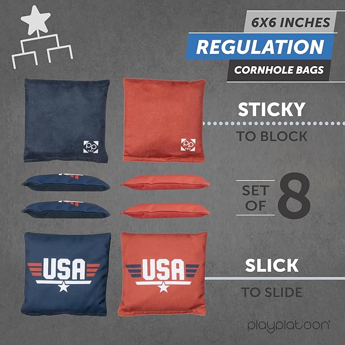 Professional Cornhole Bags - Set of 8 Regulation All Weather Double Sided - Sticky Side/Slick Side Bean Bags for Pro Corn Hole Game
